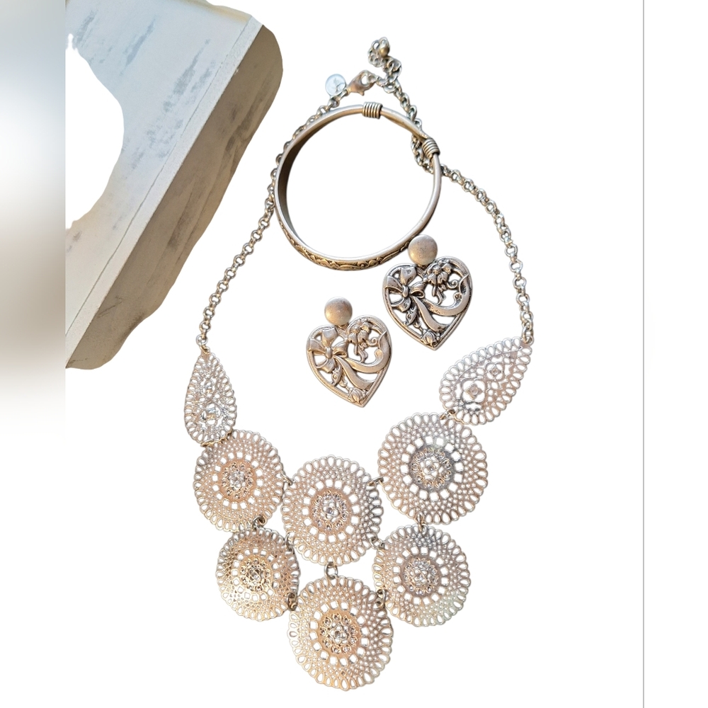 Silver Toned Metal Bib Style Necklace + Heart Earrings + Silver Bangle Bracelet